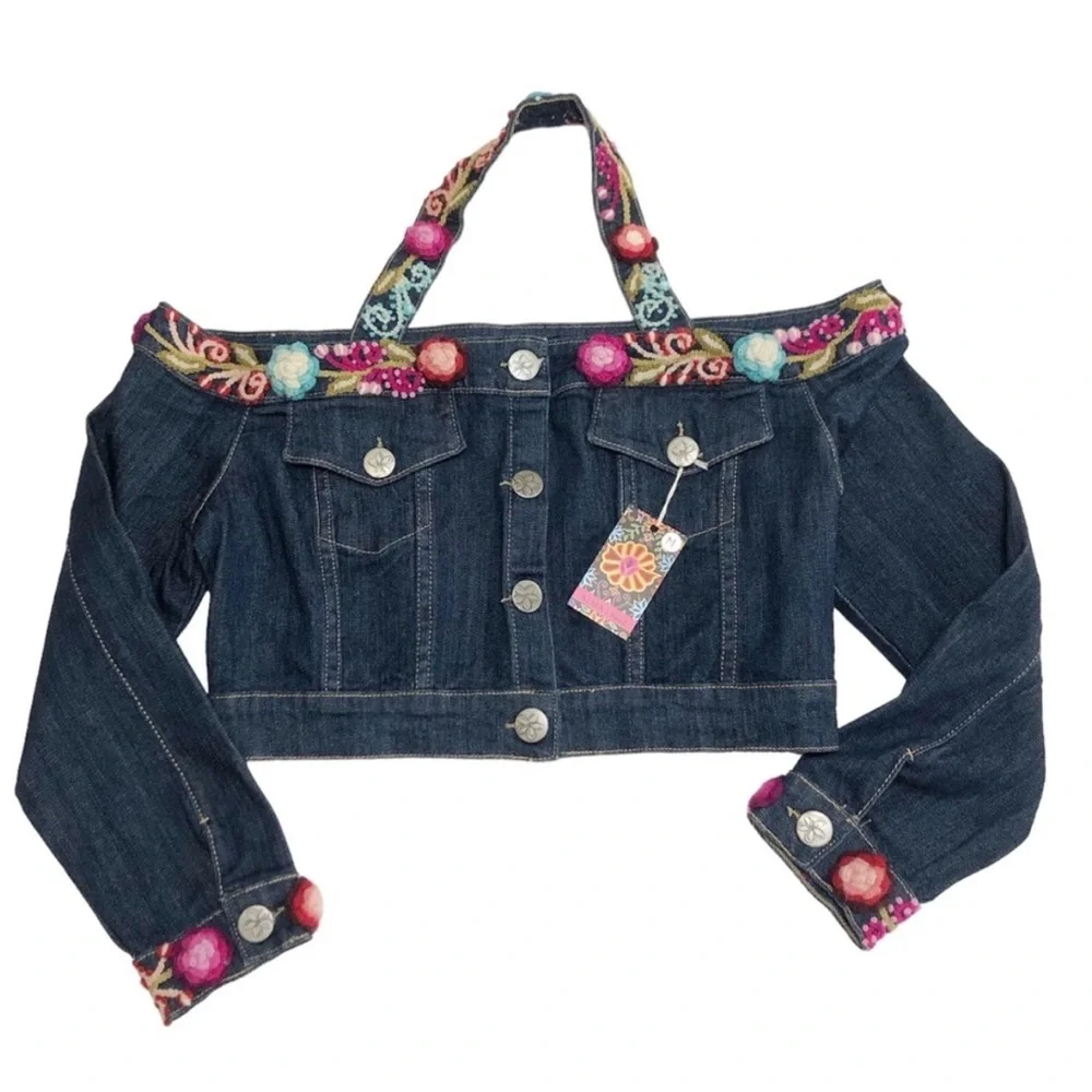 NWT Alma Soul off shoulder cropped Colorful embroidered Denim Jacket - Picture 8 of 10